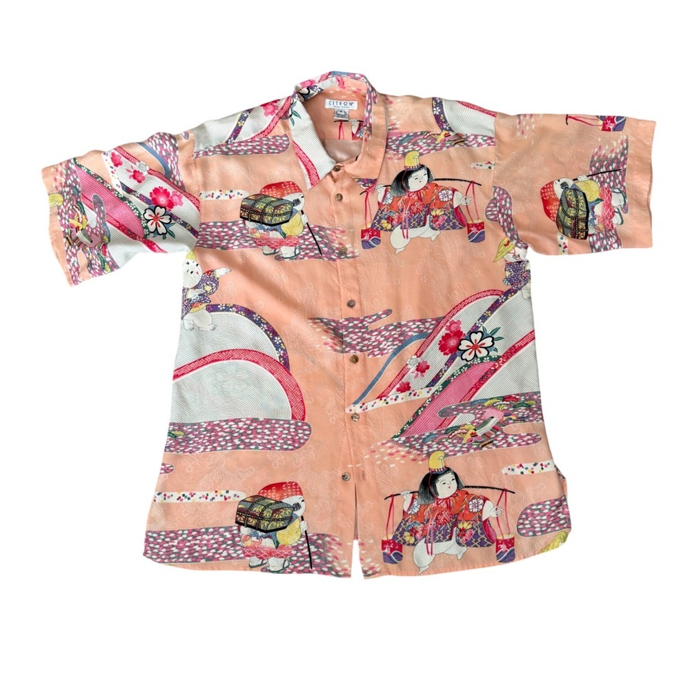 Citron Pink Silk Shirt Japanese Dolls Print Short Sleeve Button Up M